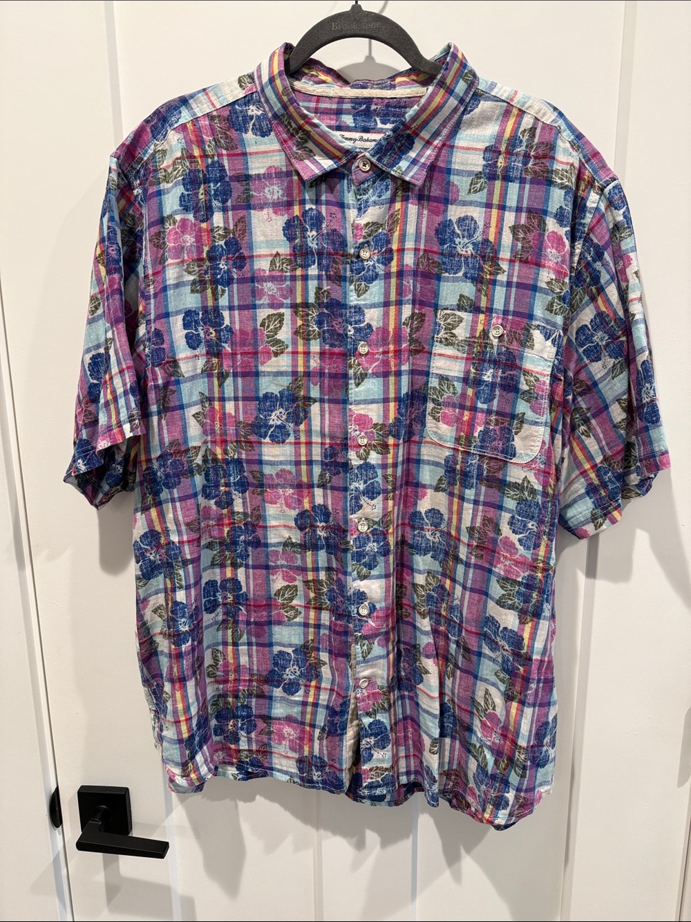 Tommy Bahama Blue Pink Plaid Floral Short-Sleeve Button-Down Shirt